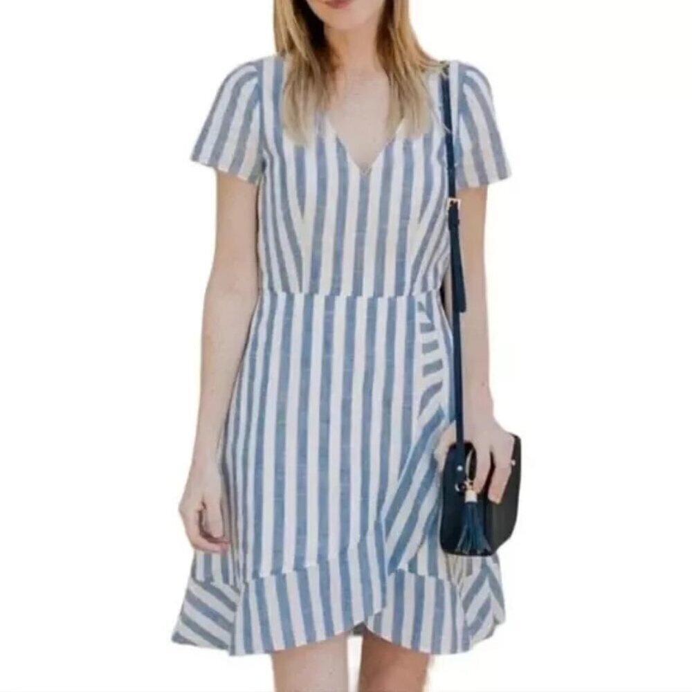 J. CREW Blue White Striped V-Neck Faux Wrap Ruffle Dress Size 4